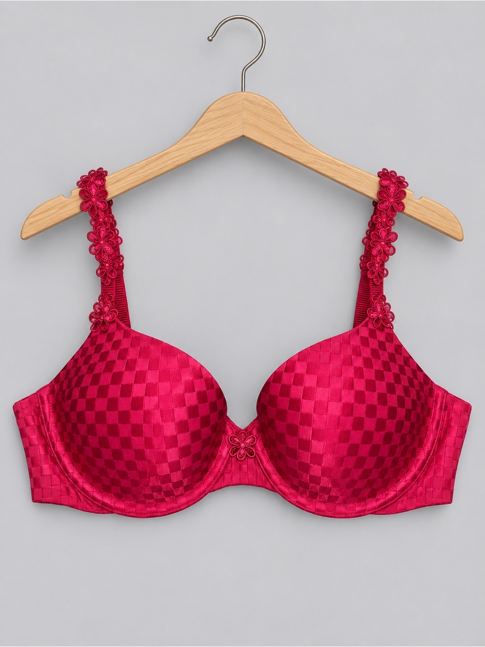 🍒3/33$ Floral-Trim Padded Push-Up Bra - Fuchsia Pink
